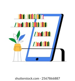 Digital Bookshelf In Mobile Interface In Flat Vector Illustration Symbolizing Online Reading, E Library, And Modern Learning, Isolated On White Background.