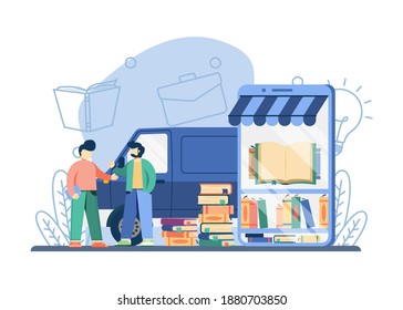 Digital Bookstore Concept.man Purchase Book Online. Book Delivery With Truck. Online Library, Online Shopping, Book Online, Book Festival, E-books Archive. Vector Illustration