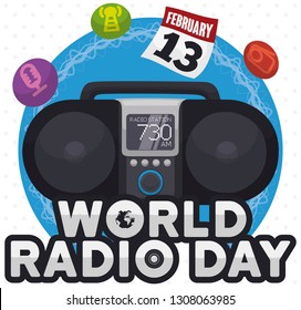 Digital boombox with a calendar over rounded label with frequencies and the icons for microphone, antenna and receiver to commemorate World Radio Day in February 13.