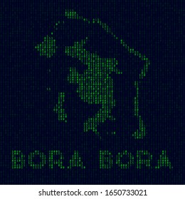 Logo de Digital Bora Bora. Símbolo en estilo hacker. Mapa de código binario de la isla con nombre. Magnífica ilustración vectorial.