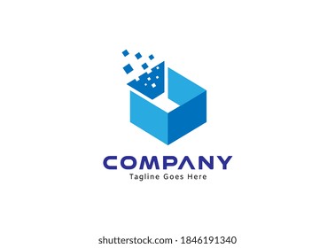 Digital Box Logo, 3D box with particle, flat design logo template, vector illustration