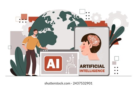 Digital brain AI. Modern technologies and innovations. Machine learning and artificial intelligence. Young guy with bot and neural network. Cartoon flat vector illustration isolated on white backdrop
