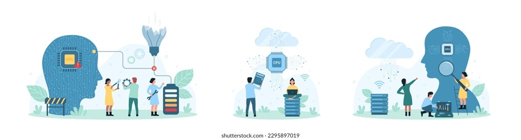 Digitales Gehirn und AI-Technologie setzen Vektorgrafik. Cartoon winzige Leute, die Lupe und Gänge halten, um mit CPU-Prozessor in abstraktem menschlichen Kopf zu arbeiten, der mit Glühbirne und Batterie verbunden ist