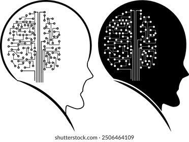 Ilustración digital del cerebro y la inteligencia artificial: cabezas de silueta con circuitos Electrónicas que representan la IA y la Tecnología de aprendizaje automático