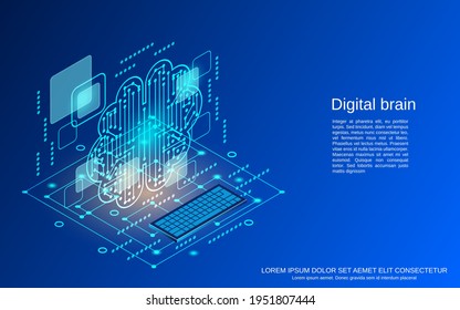 Digital brain, artificial intelligence, digital technology flat 3d isometric vector concept illustration