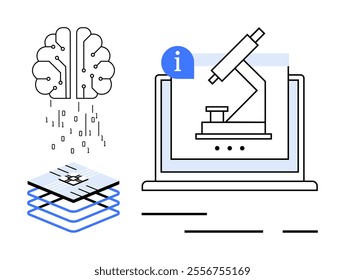 A digital brain with binary code, a layered microchip, and a laptop displaying a microscope. Ideal for technology, artificial intelligence, machine learning, digital science, and innovation themes