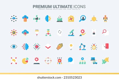 Digital brain of bot and automatic machine learning, science future technology and automation network process, electronic smart tech system. AI trendy flat icons set vector illustration