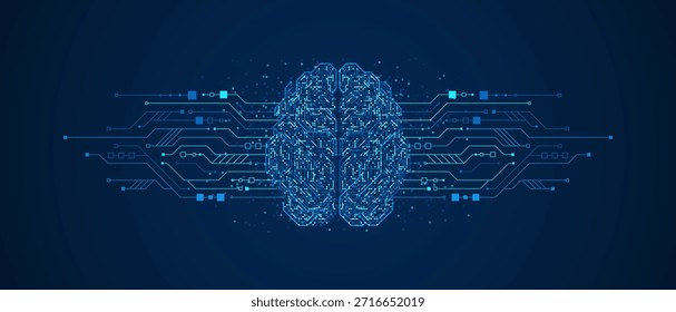 Digital brain composed of glowing blue data points and circuit connections extending outward on dark background, representing artificial intelligence, neural networks, data processing, and advanced technology systems.