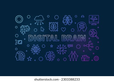 Banner de color de esquema horizontal de concepto de cerebro digital. Ilustración del vector sobre fondo oscuro