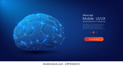 Digital Brain Concept Illustration for Cognitive Technology and AI Development. Low Polygonal wireframe blue illustration on dark background.