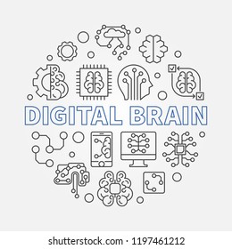 Digital Brain concept round vector illustration. AI and Machine learning outline icons in circle shape