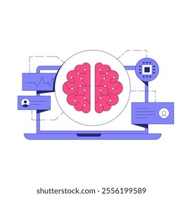 Digital Brain Displayed On Laptop Screen In Flat Vector Illustration Symbolizing Artificial Intelligence, Technology, And Data Analysis, Isolated On White Background