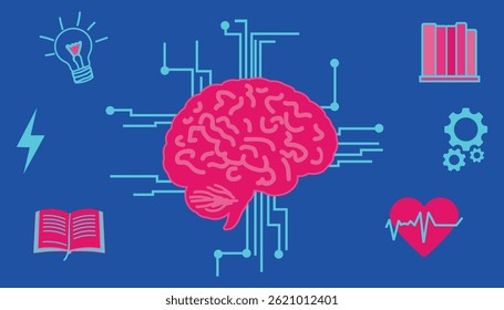 Digital brain with education and health icons on blue background – futuristic design of cognitive technology and smart learning.