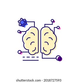 Digital brain flat icon. Microchip in the brain, brain robotics technology. Microcircuit in human head. Color symbol. Isolated vector stock illustration