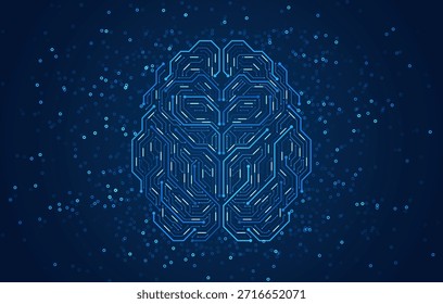 Digitales Gehirn, gebildet durch leuchtende blaue Stromleitungen mit zentralem Verarbeitungskern auf dunklem Hintergrund, die künstliche Intelligenz, neuronale Datenverarbeitung, Datenverarbeitung und fortschrittliches Technologiekonzept darstellen.