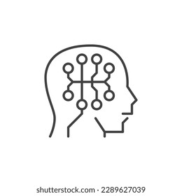 Digital Brain inside Head vector concept thin line icon or symbol