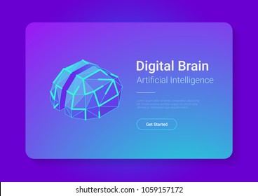 Digital Brain Isometric Flat Style Vector Design Concept. Artificial Intelligence Technology AI Illustration.