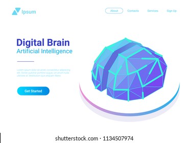 Digital Brain Isometric flat style vector design concept. Artificial intelligence technology AI illustration.