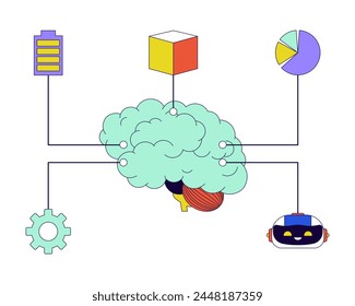 Digital brain machine learning 2D linear cartoon object. Artificial intelligence tools isolated line vector element white background. Data science, robotics, computing color flat spot illustration