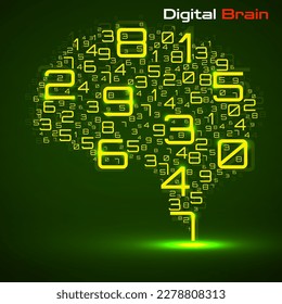 Digital brain with numbers. Artificial intelligence concept. Technology brain. Vector illustration