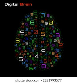 Digital brain with numbers. Artificial intelligence concept. Technology brain. Vector illustration