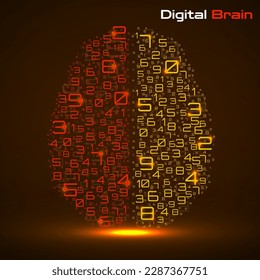 Digital brain with numbers. Artificial intelligence concept. Technology brain. Vector illustration