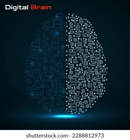 Digital brain with numbers. Artificial intelligence concept. Technology brain. Vector illustration