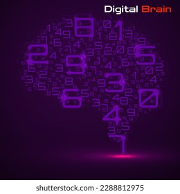 Digital brain with numbers. Artificial intelligence concept. Technology brain. Vector illustration
