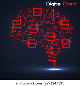 Digital brain with numbers. Artificial intelligence concept. Technology brain. Vector illustration