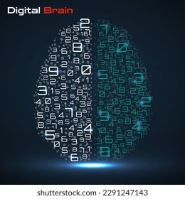 Digital brain with numbers. Artificial intelligence concept. Technology brain. Vector illustration