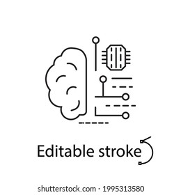 Digital Brain Outline Icon. Microchip In The Brain. Microcircuit In Human Head