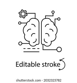 Digital Brain Outline Icon. Microchip In The Brain, Brain Robotics Technology. Customizable Linear Contour Symbol. Editable Stroke. Isolated Vector Stock Illustration