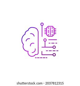 Digital Brain Outline Icon. Microchip In The Brain. Microcircuit In Human Head. Gradient Linear Purple Contour Symbol. Isolated Vector Stock Illustration