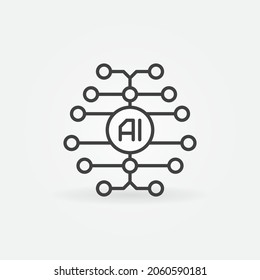 Digital Brain Outline Icon. Vector AI Artificial Intelligence Concept Symbol In Thin Line Style