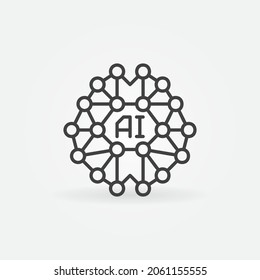 Digital Brain Outline Icon - Vector AI Or ML Concept Symbol In Thin Line Style