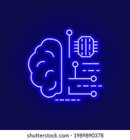 Digital Brain Outline Neon Icon. Microchip In The Brain. Brain Robotics Technology. Blue Linear Contour Symbol. Isolated Vector Stock Illustration