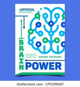 Digital Brain Power Promotional Banner Vector. Brain Neural Network Artificial Intelligence And Electrical Activity Creative Advertising Poster. Concept Template Stylish Color Illustration