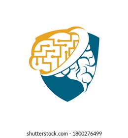 Digital Brain In Shield Shape Logo Design. Think Idea Concept. Neurology Logo Think Idea Concept.