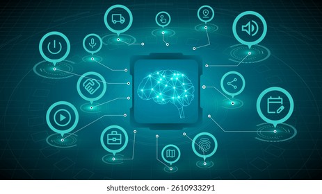 Digital brain surrounded by business icons symbolizing interaction between AI, logistics, communication, and finance in modern enterprise systems. Vector illustration. Concept of business