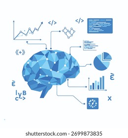 Um cérebro digital é cercado por dados e código, representando inteligência artificial e conceitos de aprendizagem de máquina.