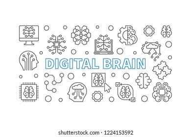 Digital Brain vector concept horizontal banner. AI and Machine learning illustration in thin line style