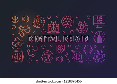 Digital Brain vector creative horizontal banner or illustration in thin line style on dark background