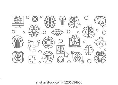 Digital Brain vector horizontal banner. AI and Machine learning illustration in outline style