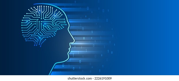 Digital brain, vector software digital code. The abstract face of artificial intelligence. Head silhouette with particles on a dark blue background, data analysis, data science. Network interpretation