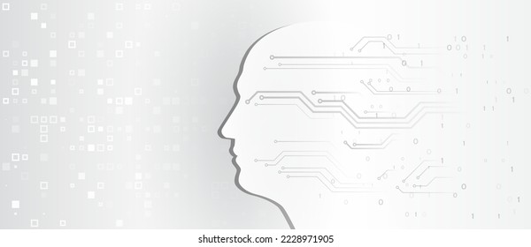 Cerebro digital, software vector código digital. El rostro abstracto de la inteligencia artificial. Silhouette de cabezal con partículas en un fondo azul oscuro, análisis de datos, ciencia de datos. Interpretación de red