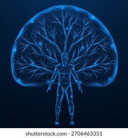 Digitale Zweige des Geistes. Die Gestalt eines Mannes, hinter dessen Rücken sich der Baum der Erkenntnis öffnet. Das Konzept symbolisiert die Entwicklung von Intelligenz, neuronalen Verbindungen und Biotechnologie.
