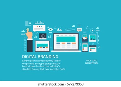 Digital branding, digital marketing, brand identity creation flat vector illustration with icons isolated on blue background