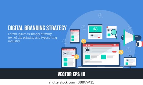 Digital branding through seo, social media, search marketing and mobile marketing strategy flat vector concept isolated on blue background