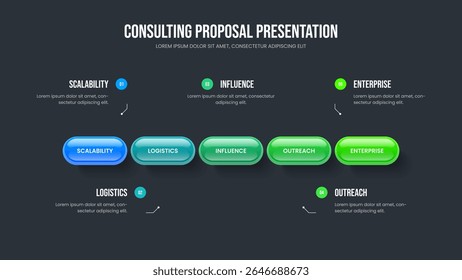 Digital Briefing Five Step Diagram Frame Layout. Service Report Presentation Template Vector Illustration. Marketing Introduction 5 Element Infographic Slideshow Design.