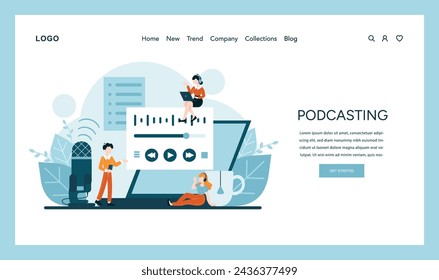 Digital Broadcast Dynamics concept. Eager voices share stories via podcasting platforms. Technology connects and informs through audio streams. The power of spoken word in digital era. Flat vector